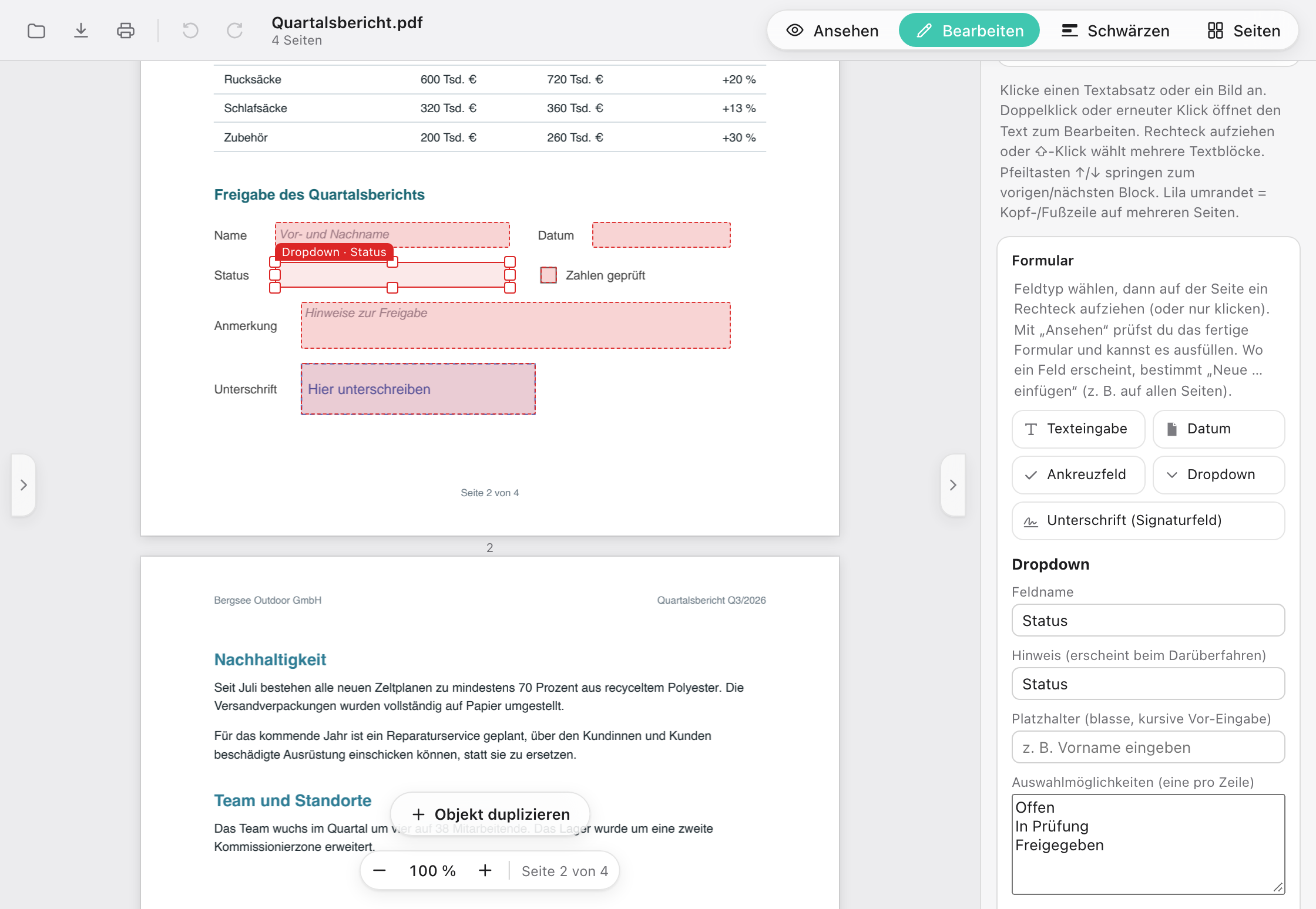 Ein Freigabeblock unter der Tabelle des Quartalsberichts mit Feldern für Name, Datum, Status, Kontrollkästchen, Anmerkung und Unterschrift, rechts die Feldeinstellungen