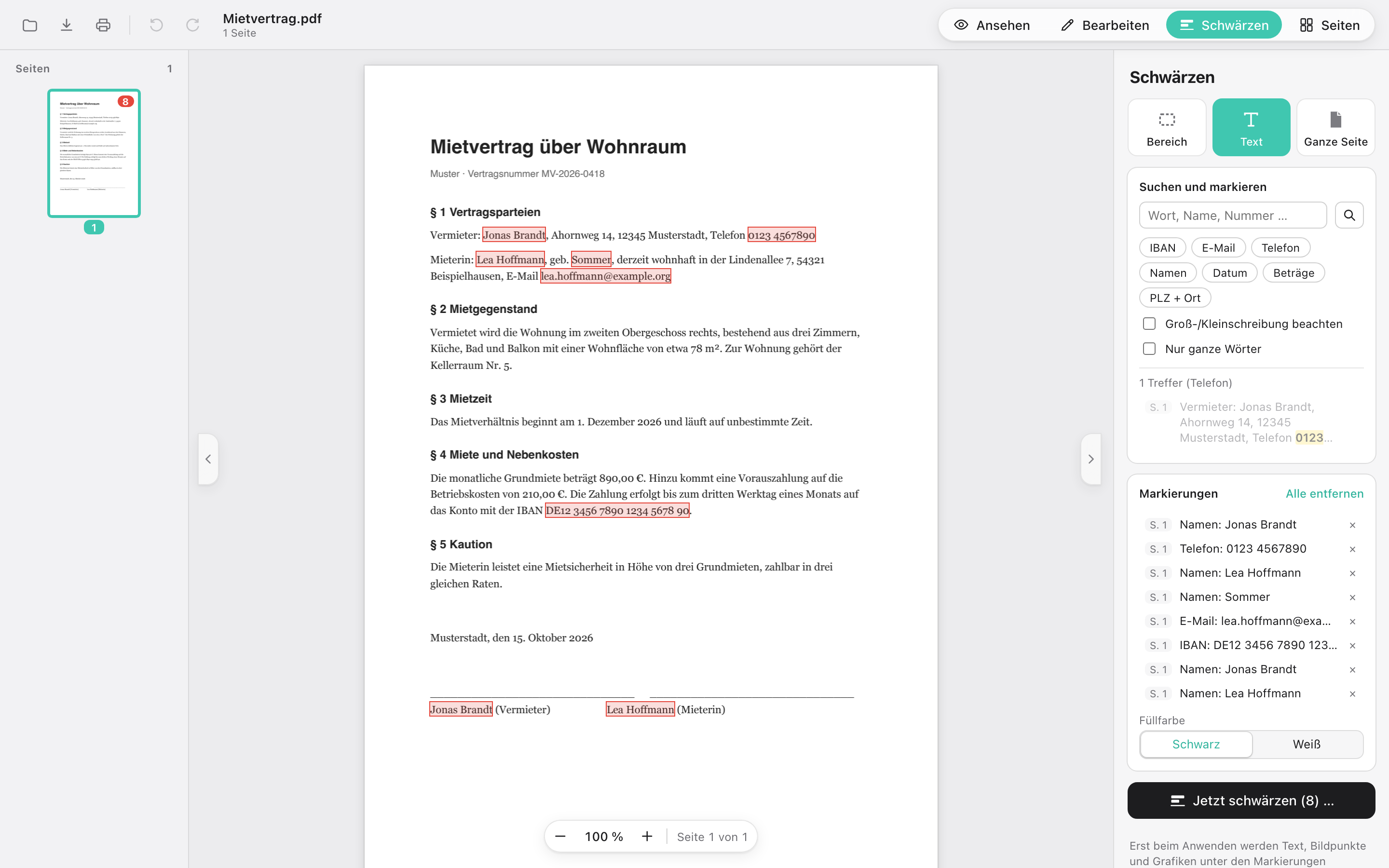 Ansicht „Schwärzen“: gefundene Namen, IBAN, E-Mail und Telefonnummer sind rot markiert